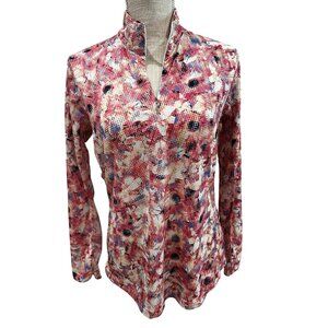 EP New York Bold Floral Pattern Long-Sleeve Zip-Up Blouse Womens M
